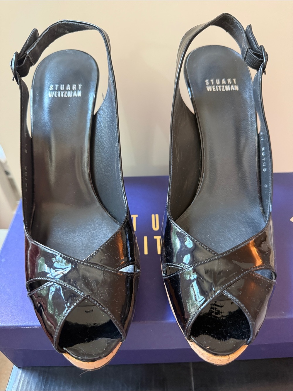 Stuart Weitzman Black Patent Leather Slingback Peep-Toe Mules